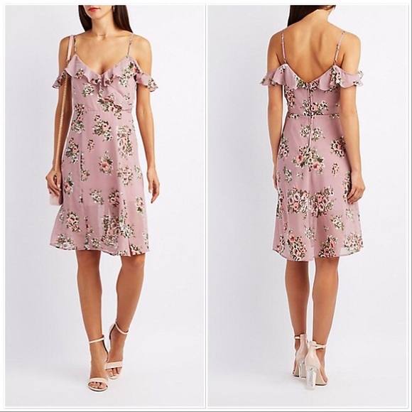 Charlotte Russe Dresses & Skirts - Floral Ruffle Trim Cold Shoulder Tea Dress